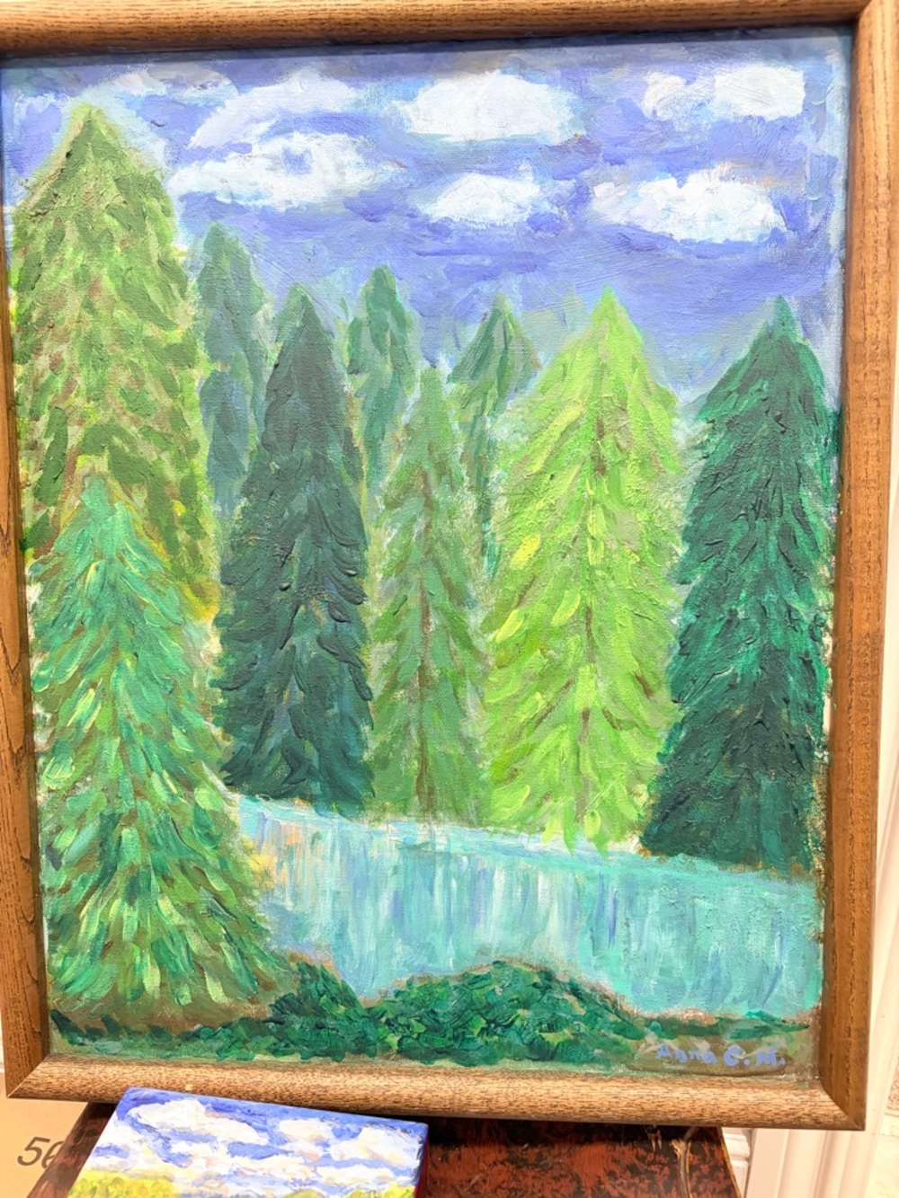 Original Hand Painted Pine Forest Landscape Painting Framed Green Wall Art - Picture 3 of 5